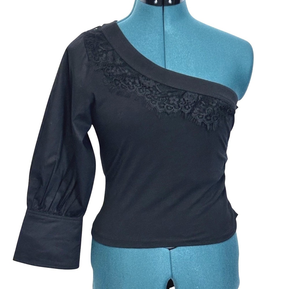 Anthropologie Shirt Womens Small Black One Shoulder Lace‎ Sleeve Ruched Top